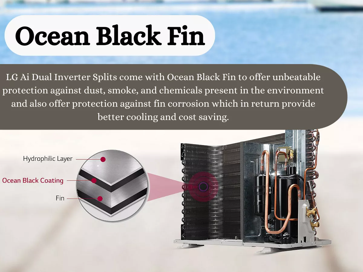 Ocean Black Fin - (Take-Product.com) - LG Ai Dual Inverter Splits come with Ocean Black Fin to offer unbeatable protection against dust, smoke, and chemicals present in the environment and also offer protection against fin corrosion which in return provide better cooling and cost saving.